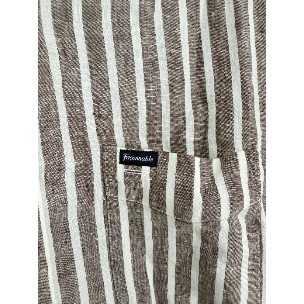 Faconnable Club Deauville Brown/Tan White Striped 100% Linen Shirt Mens Large